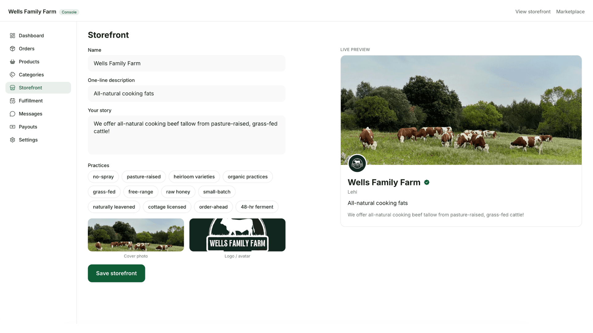 The Local Fresh vendor console: a farm editing its storefront beside a live preview