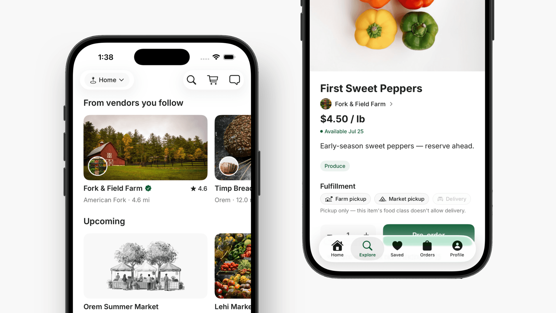 The Local Fresh iPhone app showing the home feed and a product page