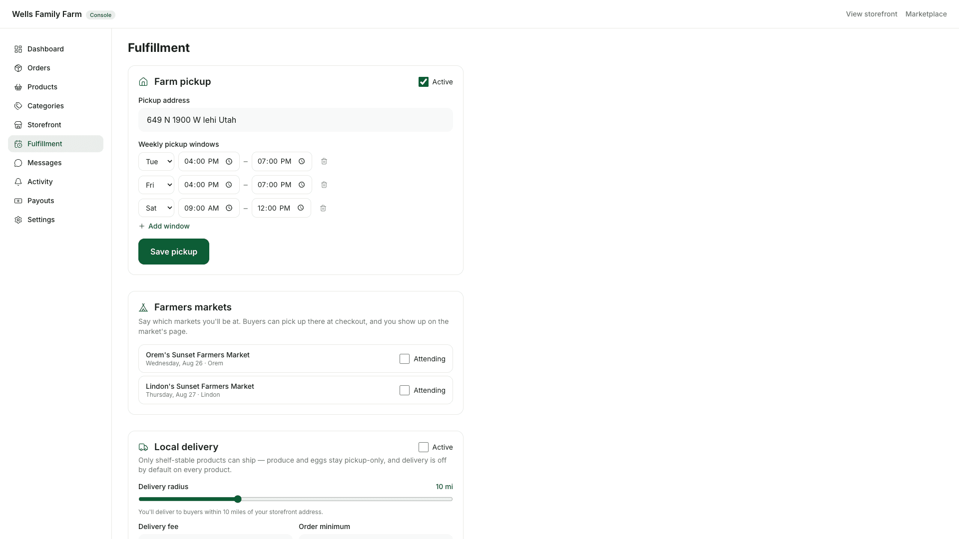 Fulfillment settings: weekly pickup windows, farmers markets, and a delivery radius