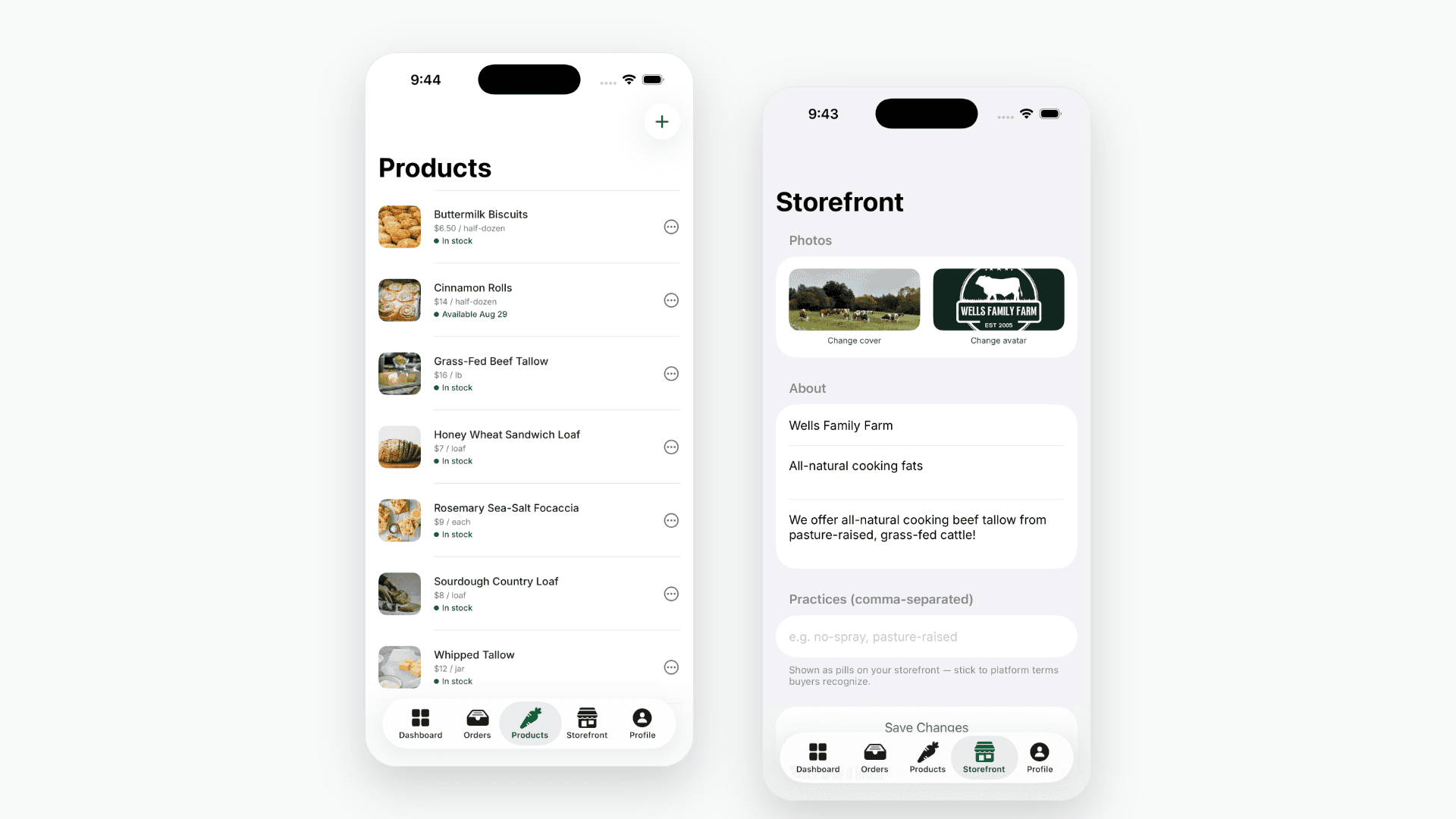 The Local Fresh iPhone app in seller mode: product list and storefront editor