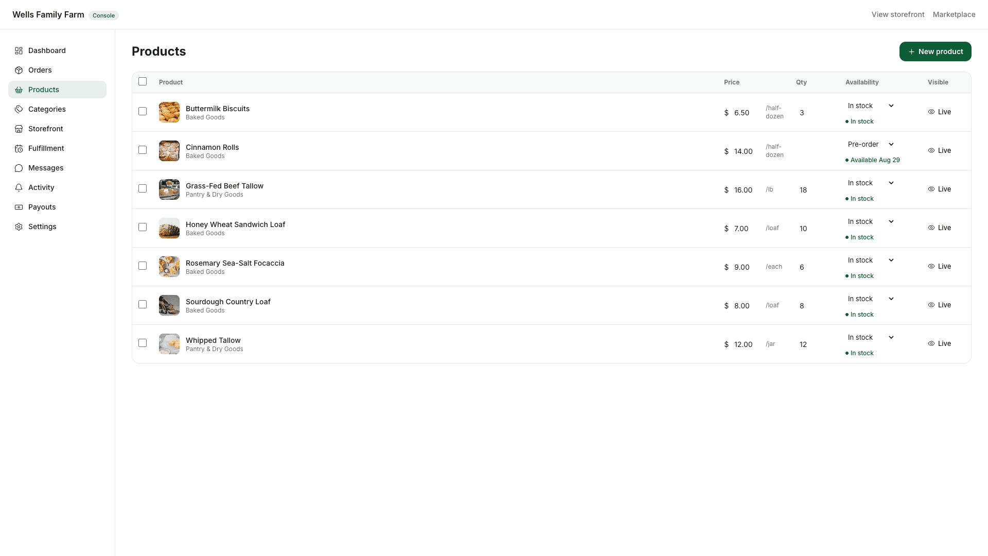 The vendor console products table: photos, prices, quantities, and availability