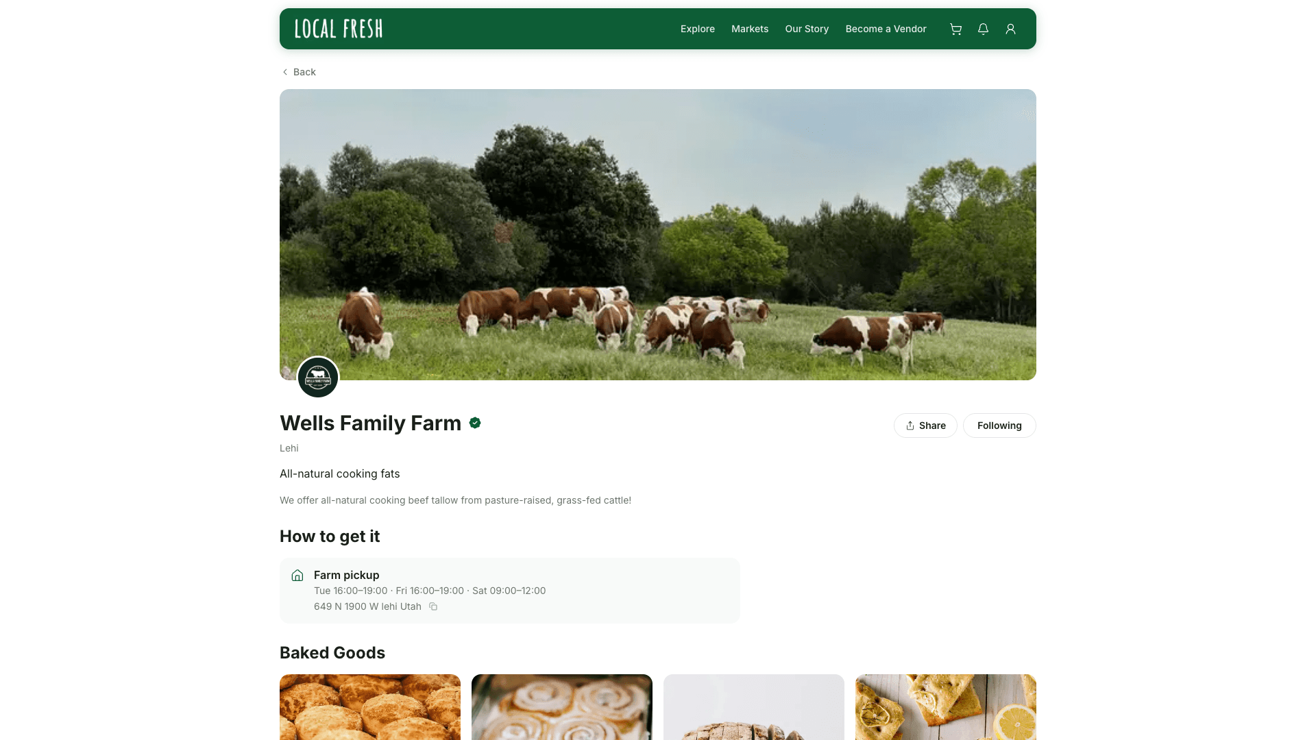 A Local Fresh storefront page: cover photo, farm story, pickup times, and products