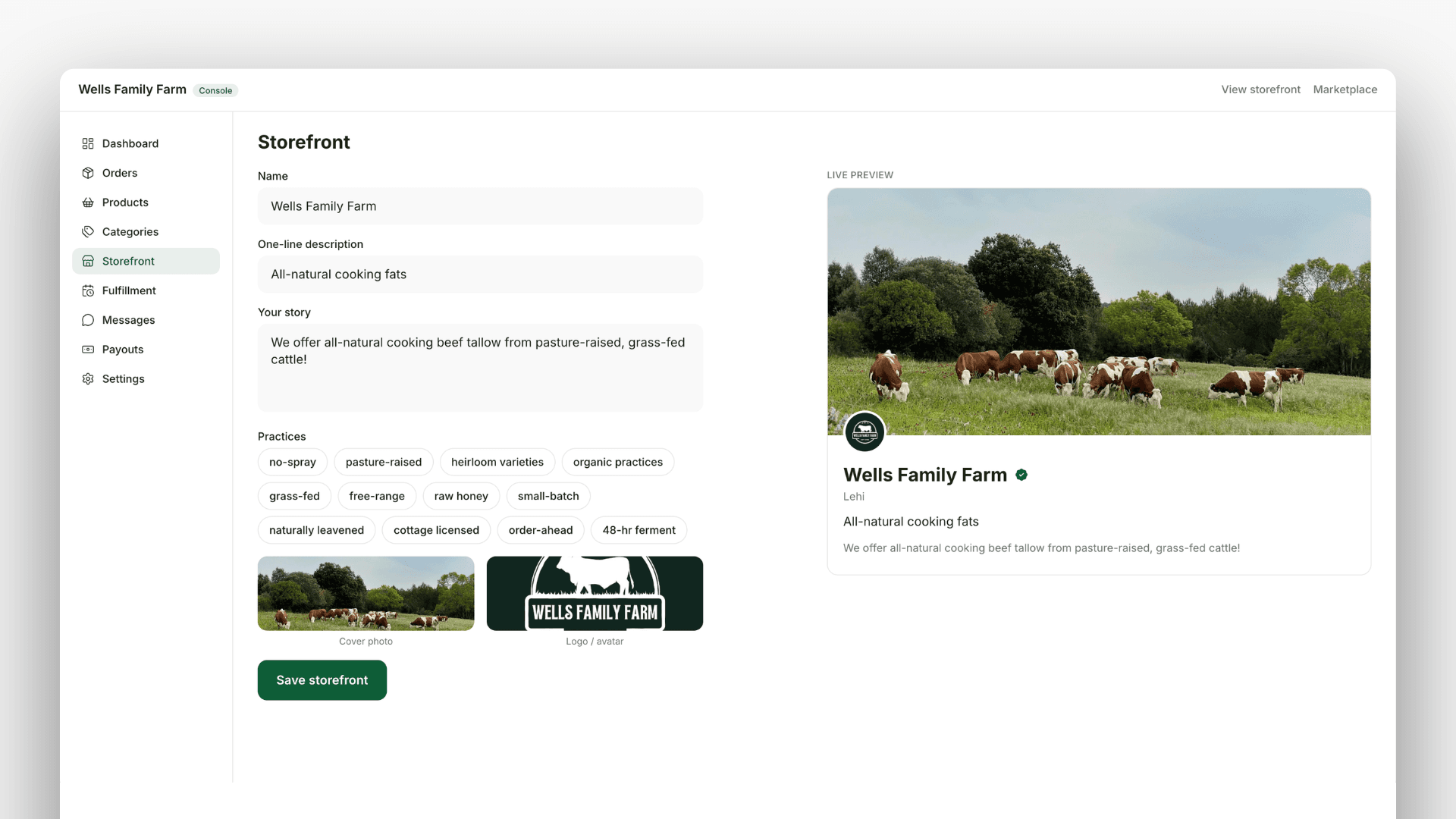 The Local Fresh vendor console showing a farm's storefront editor